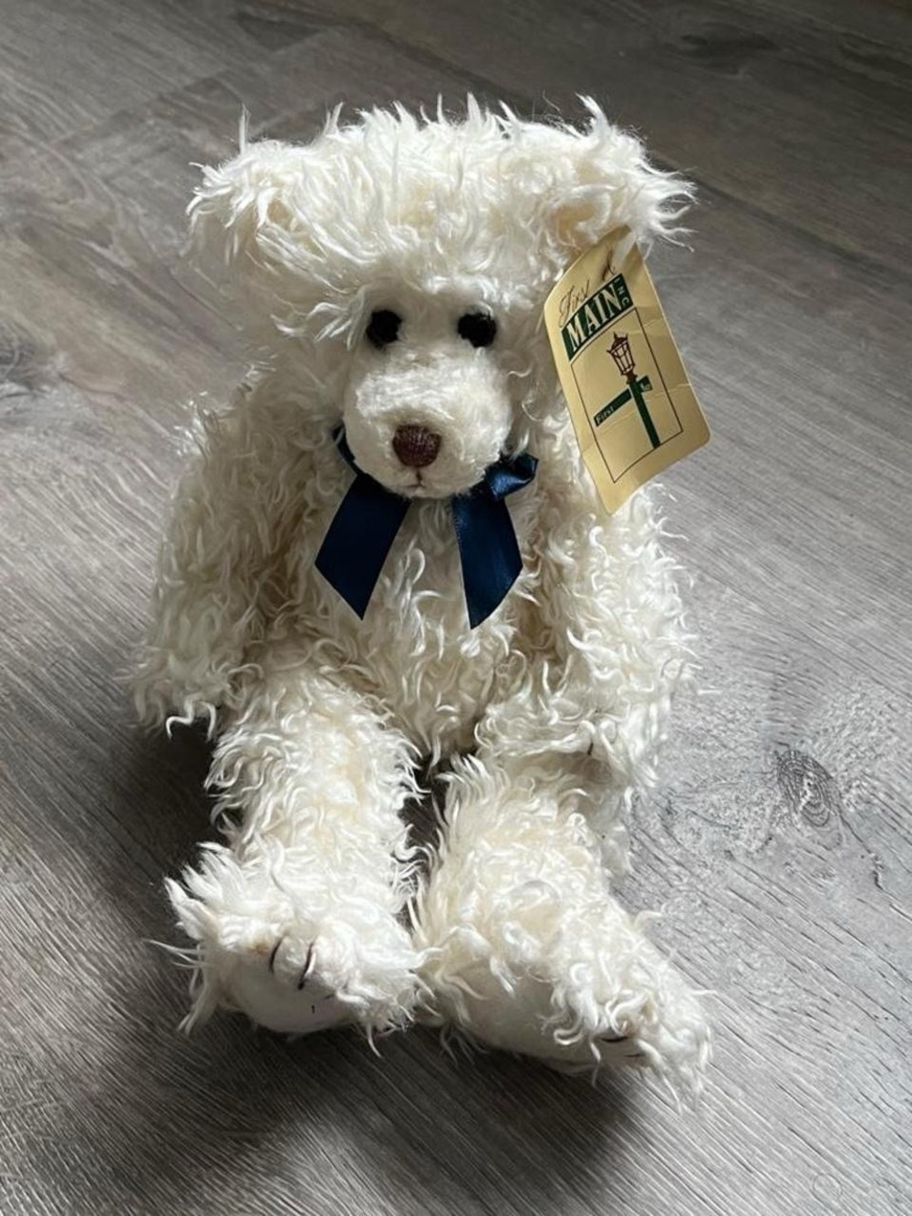 Vintage First & Main white teddy bear plush Scraggles with blue bow